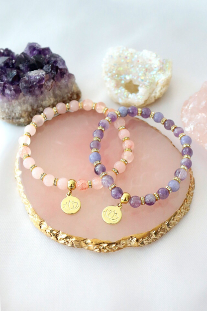 "Peace & Love" Rose Quartz - Amethyst Elastic Bracelet | 24K Lotus Flower Charm