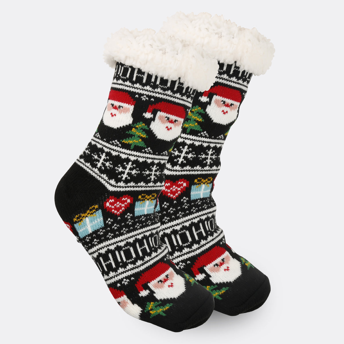 a pair of socks with santa claus and gifts