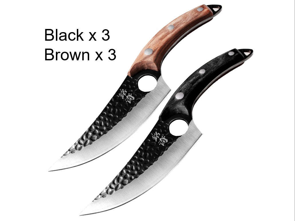 a group of knives with wooden handles