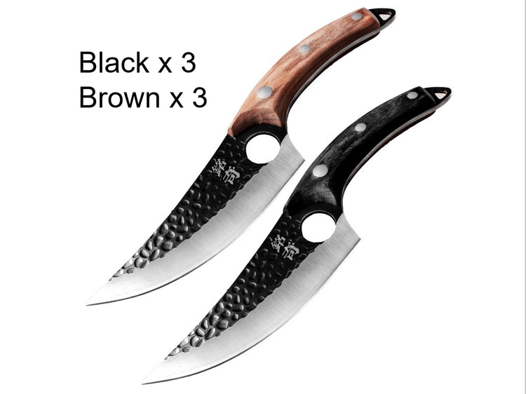 a group of knives with wooden handles