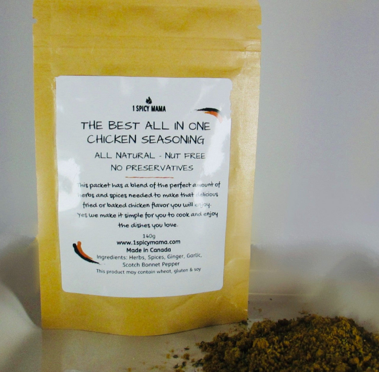 a bag of seasoning with a pile of food