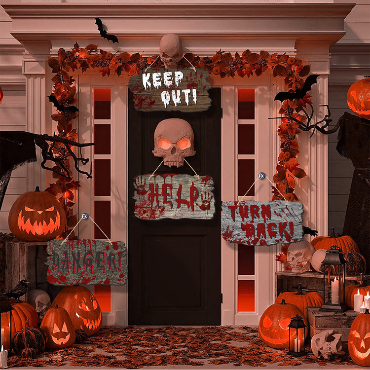 a door with pumpkins and signs