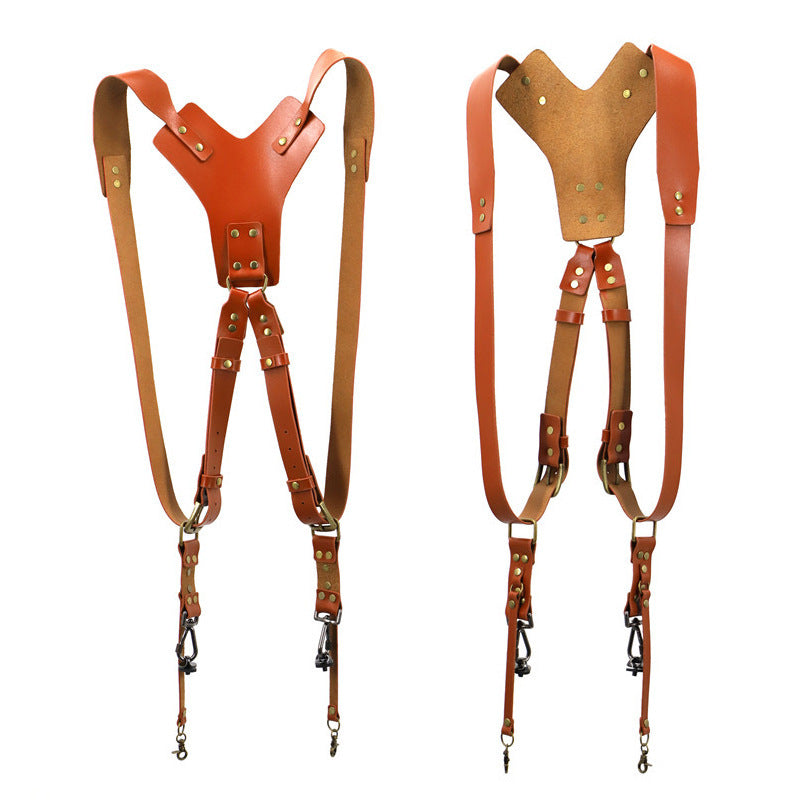 a pair of leather suspenders