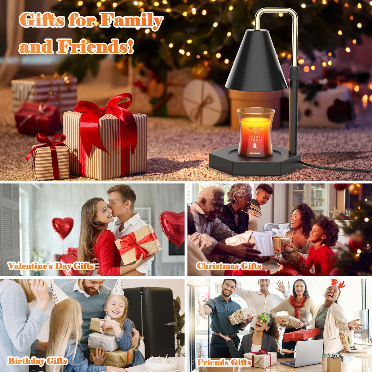 a collage of presents and a candle