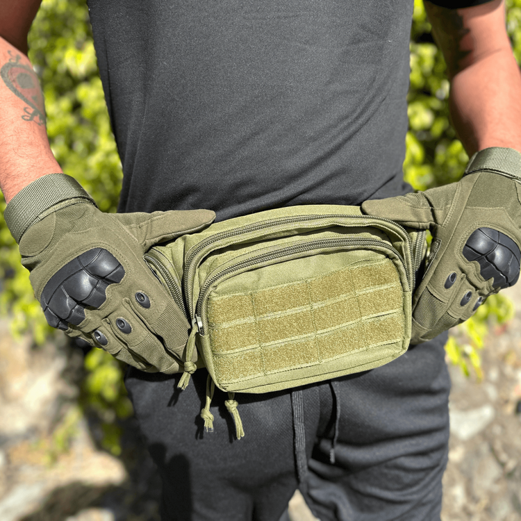 a person wearing gloves and a pack