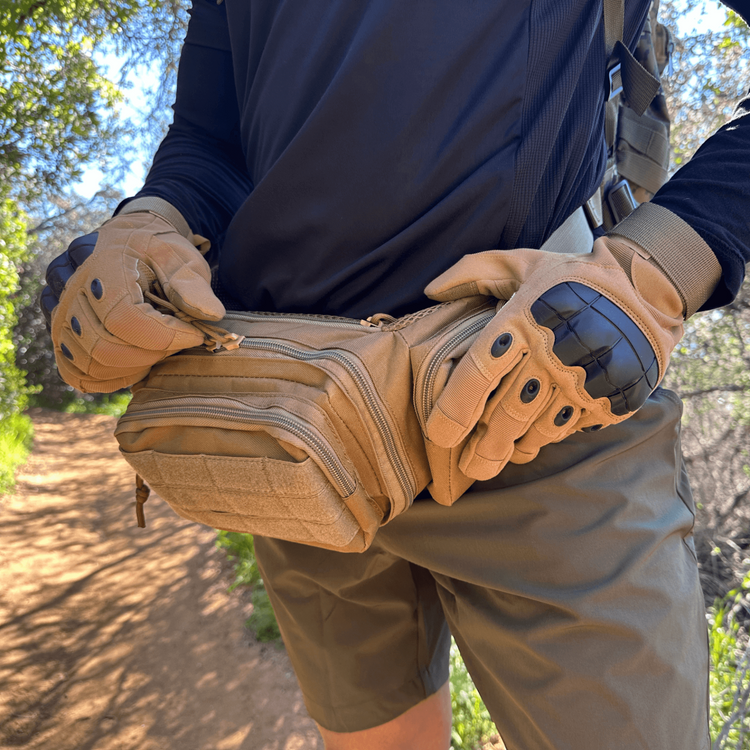 a person wearing gloves and a backpack