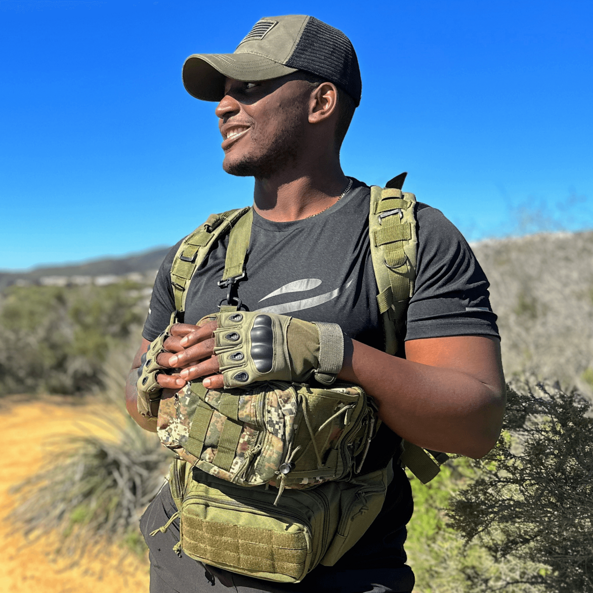 a man wearing a backpack and gloves