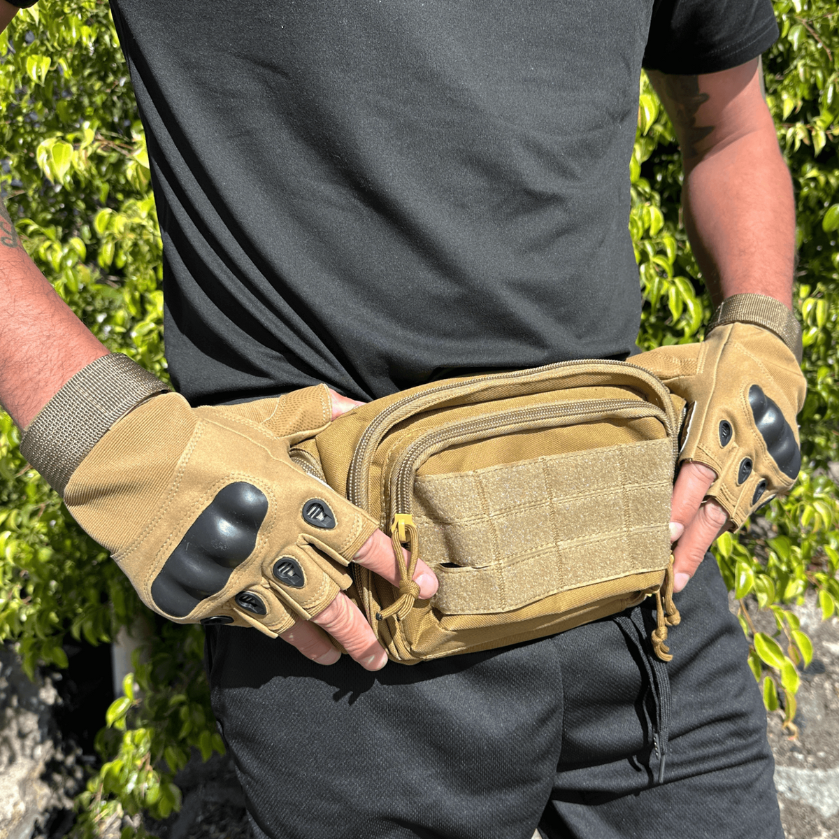 a man wearing gloves and a pack