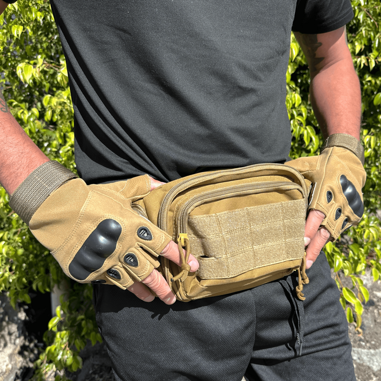 a man wearing gloves and a pack