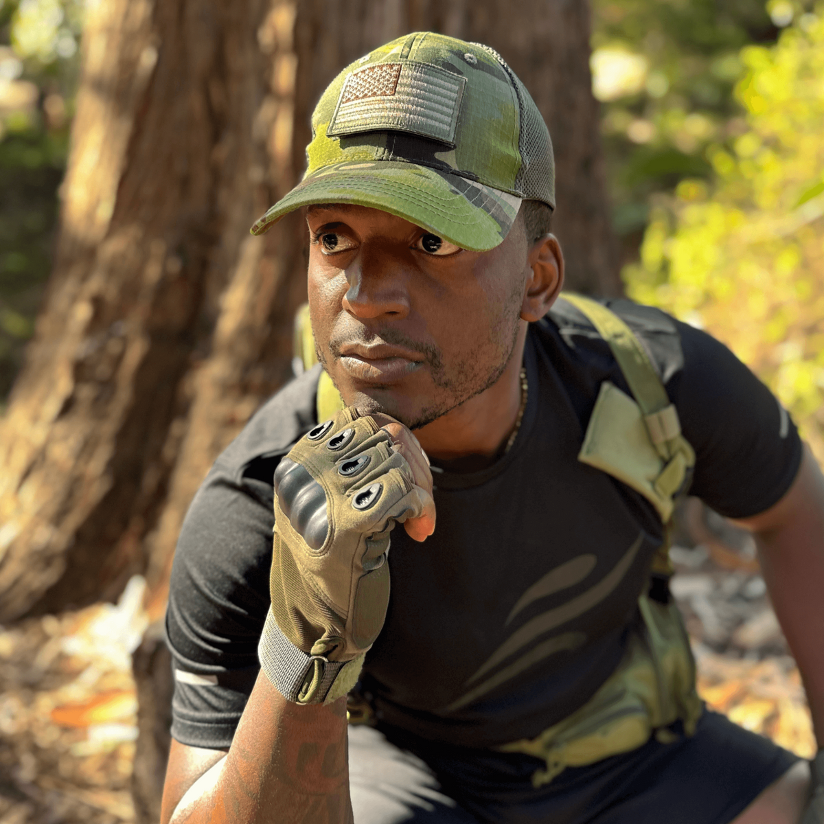 a man in a hat and gloves