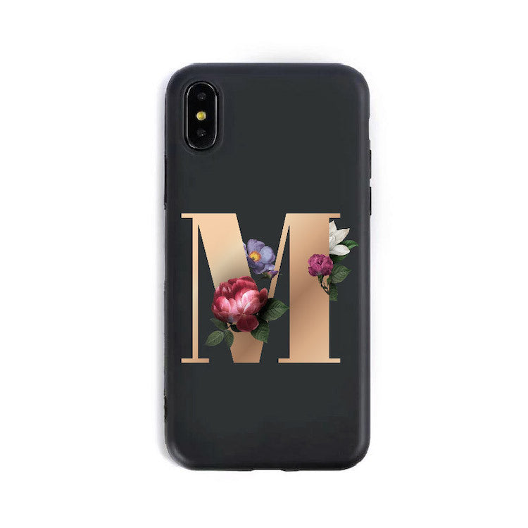 a black phone case with a letter m and flowers