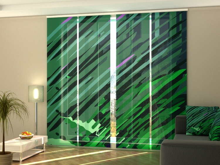 a room with green and purple curtains
