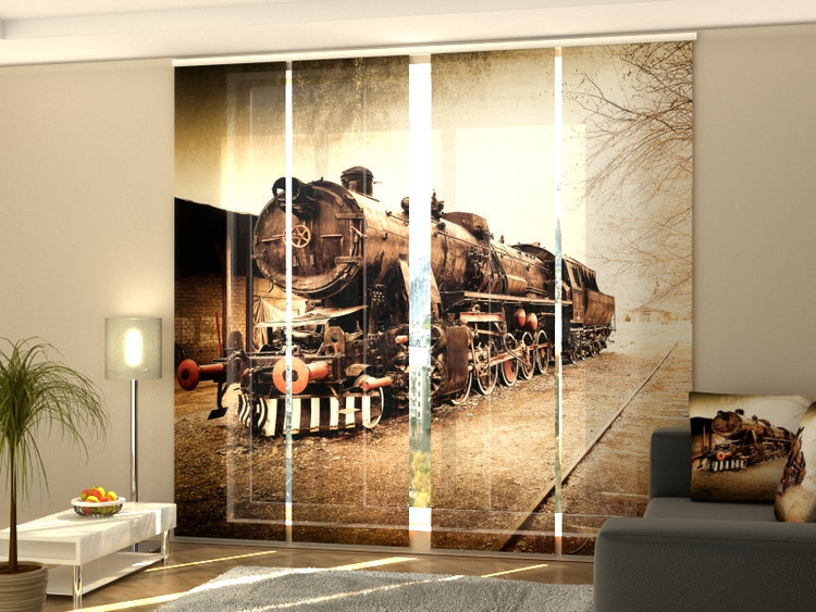 a room with a train on the wall