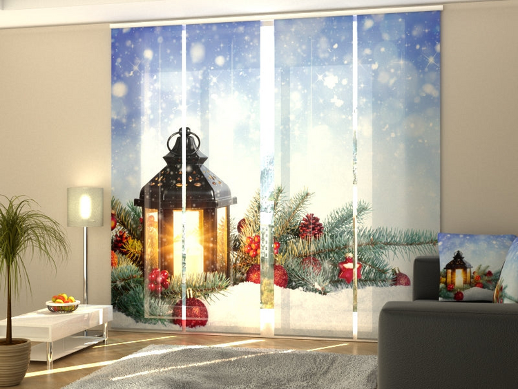 a room with a window with a lantern and a snowflake