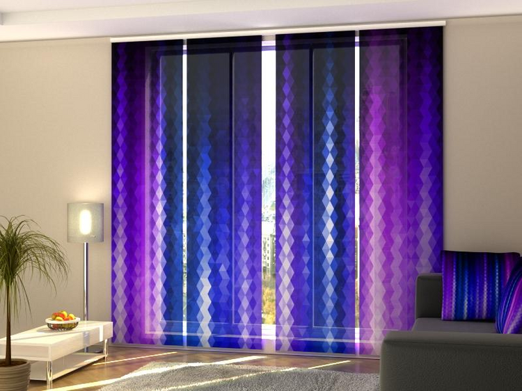 a room with purple curtains