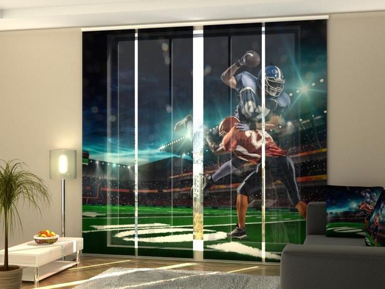 a room with a football player and a couch