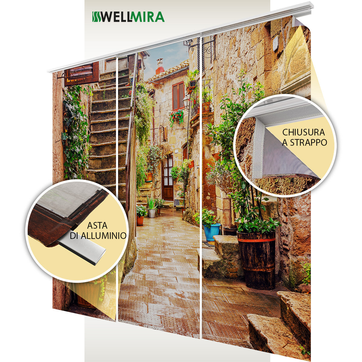 a banner with a picture of a staircase and a stone path
