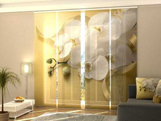 Set di 4 Tende a Pannello Orchidee su Oro - Elegante Decorazione per la Tua Finestra