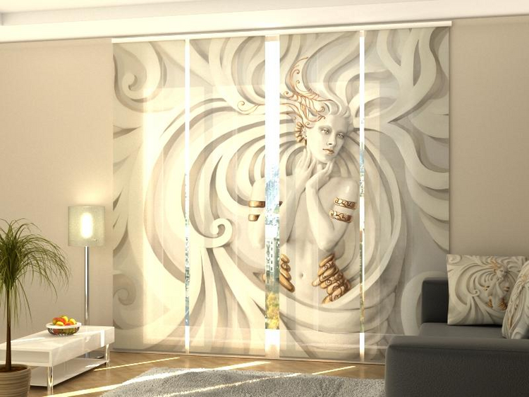 a room with a picture of a woman