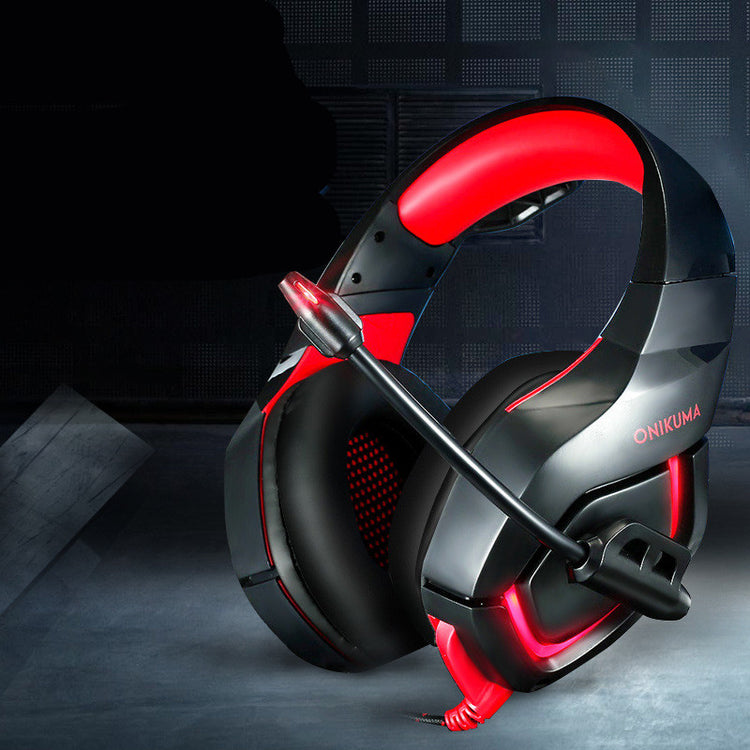 a black and red headphones with a microphone
