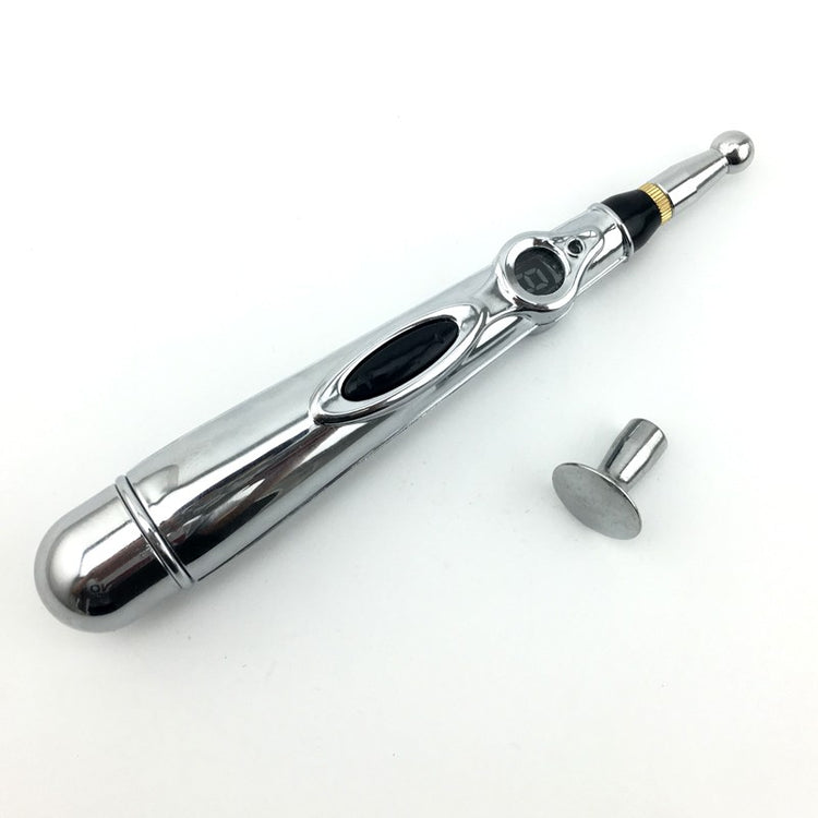 a silver pen with a round cap