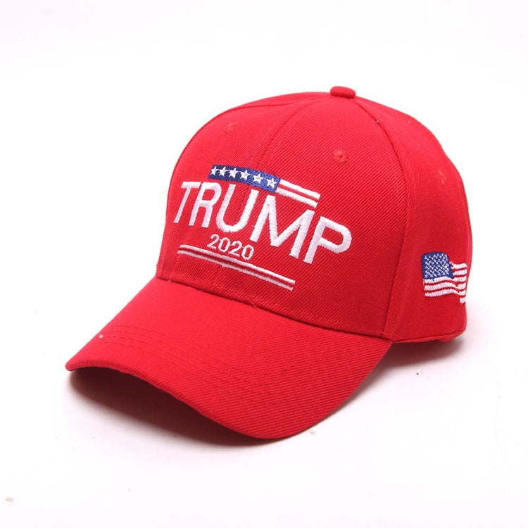 a red hat with white text and a flag on it