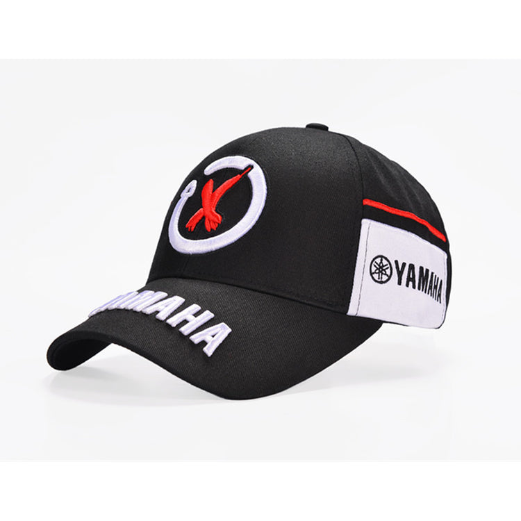 a black and white hat with a red logo