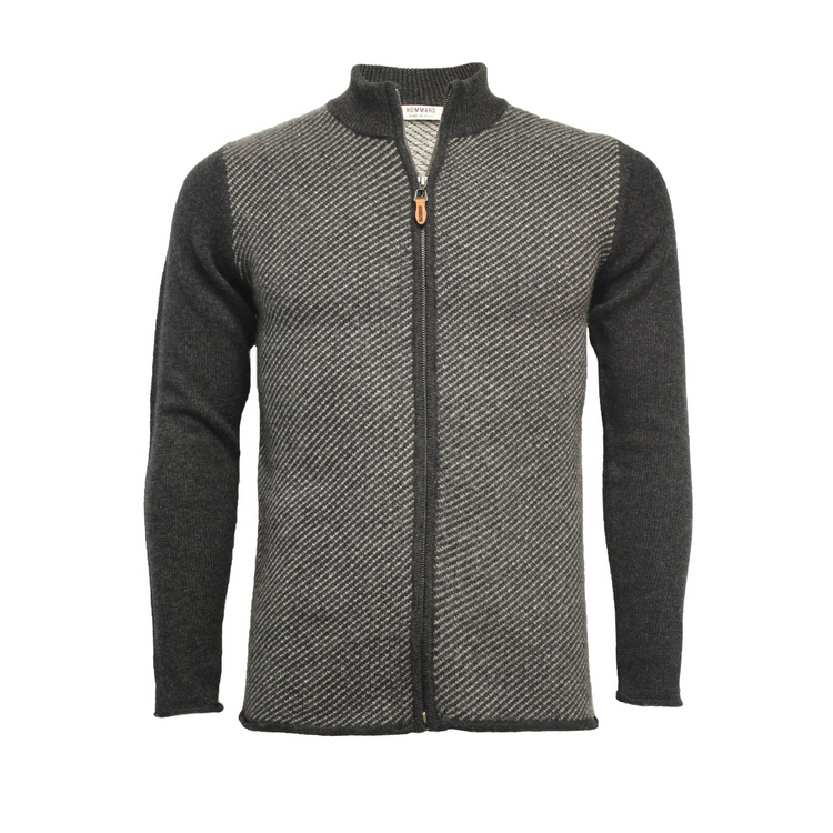 a black and grey sweater