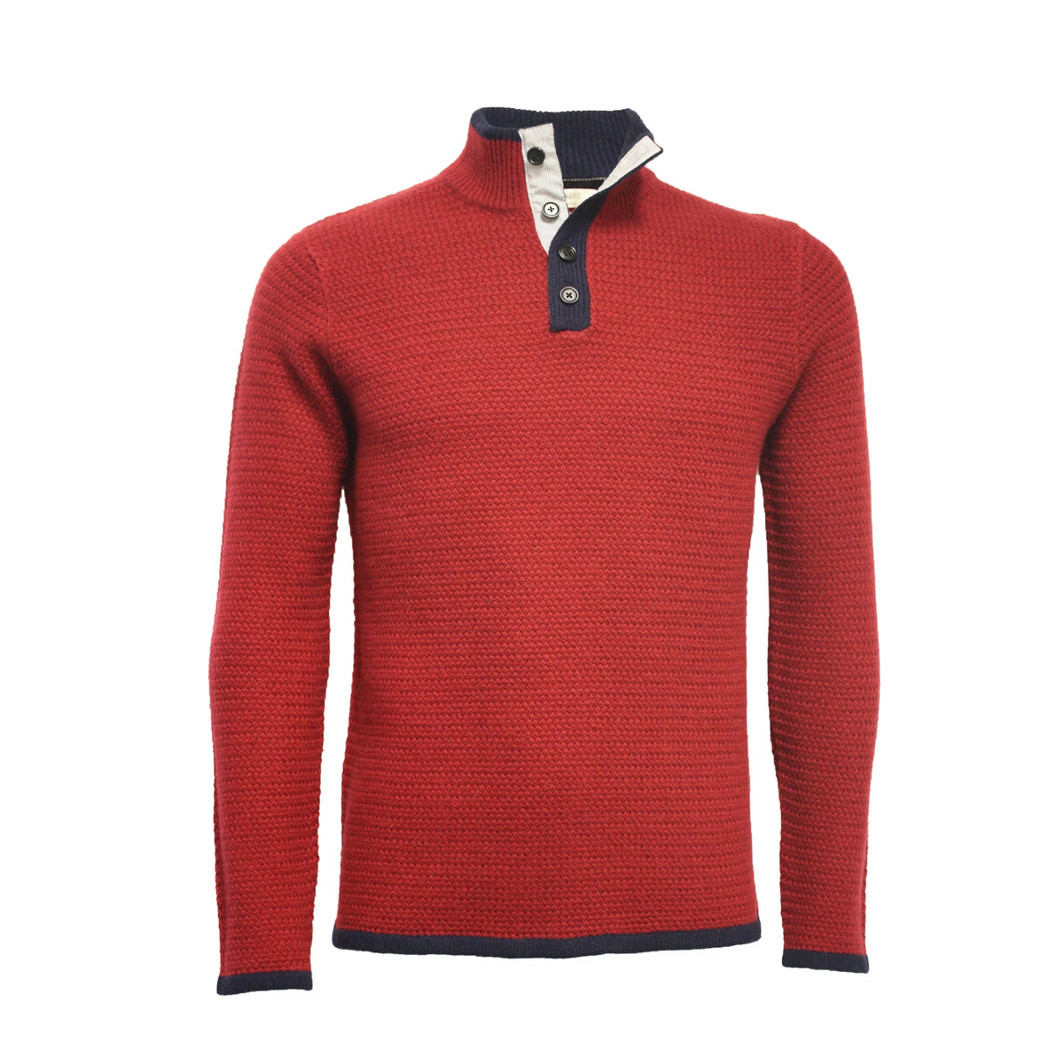 a red sweater with a white and blue collar