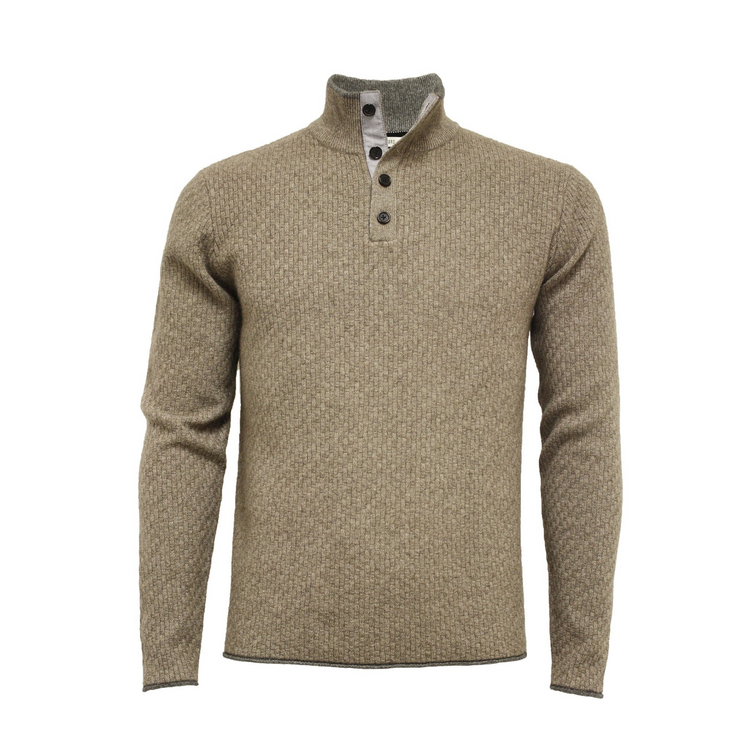 a brown sweater with black trim