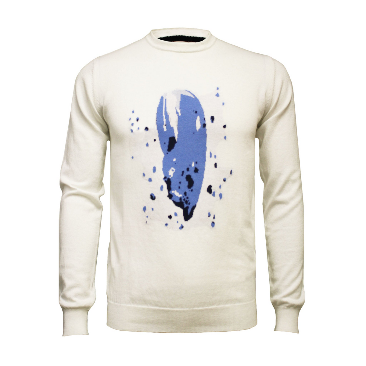 a white sweater with blue paint on it