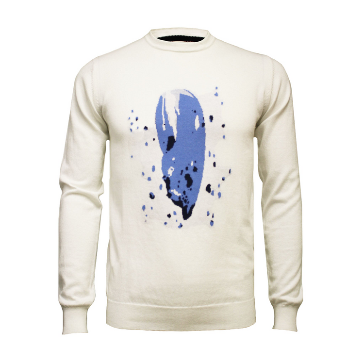 a white sweater with blue paint on it
