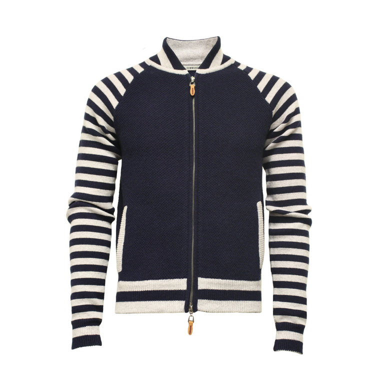 a blue and white striped sweater