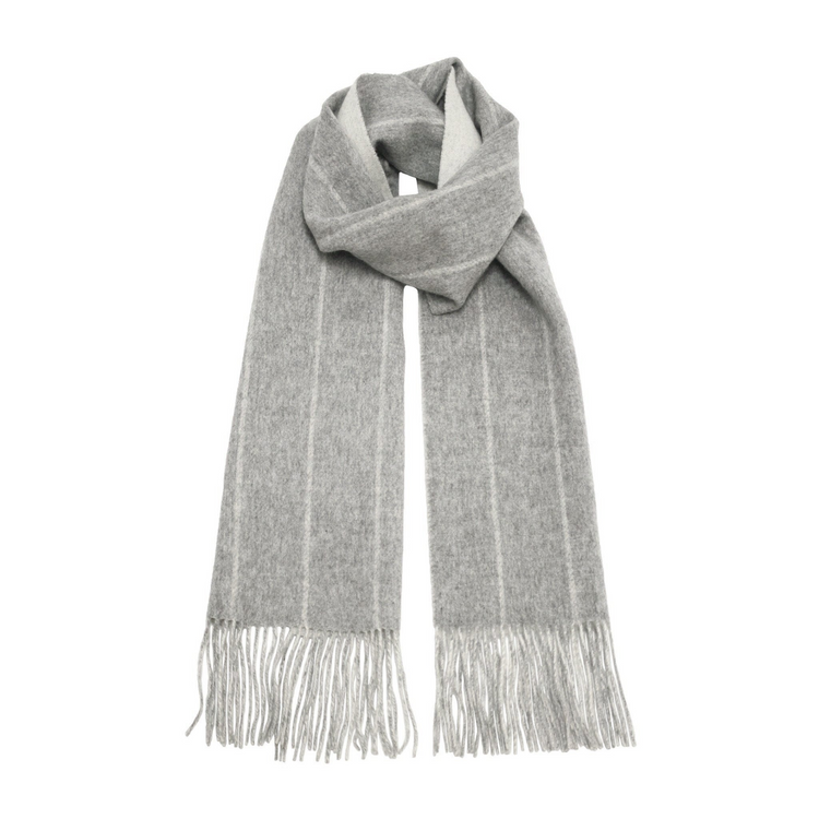 a grey scarf with fringes