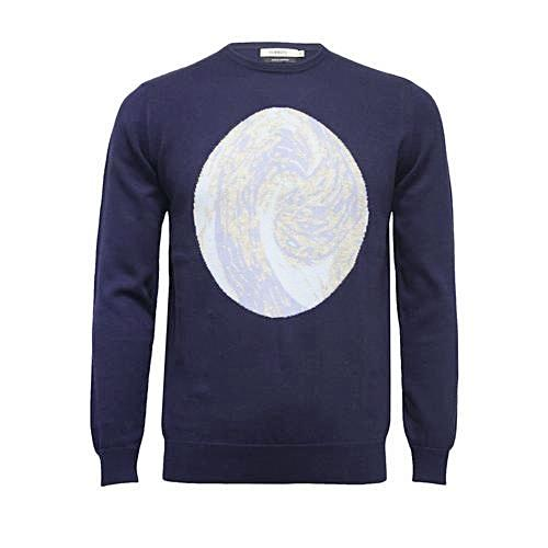 a blue sweater with a white circle on it
