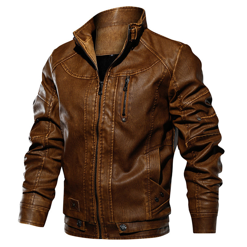 a brown leather jacket with zipper
