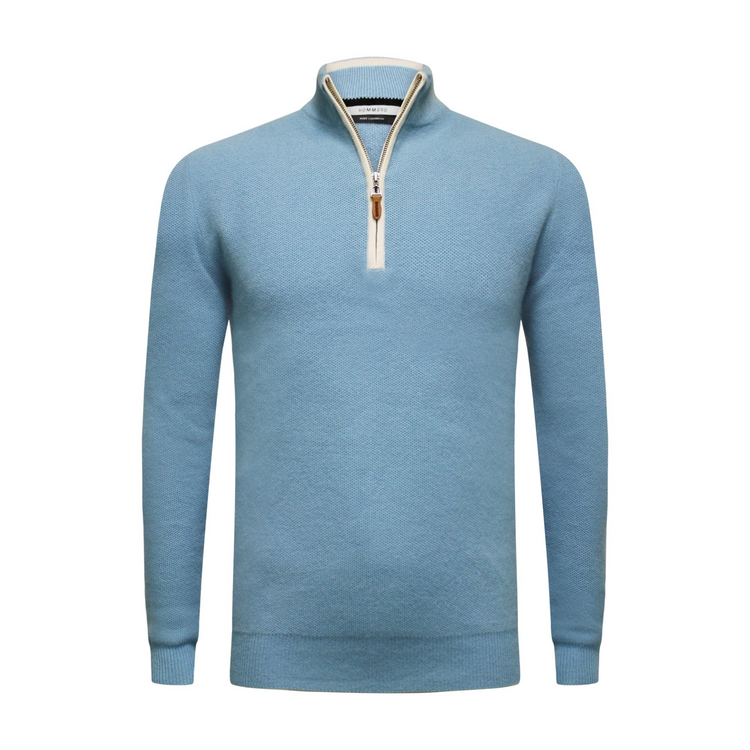 a blue sweater with a zipper