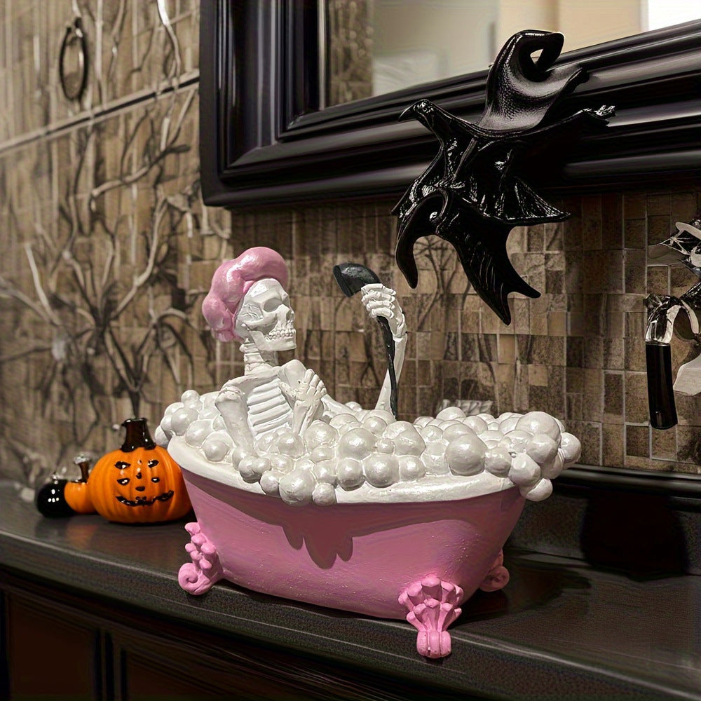 a skeleton in a bathtub with bubbles