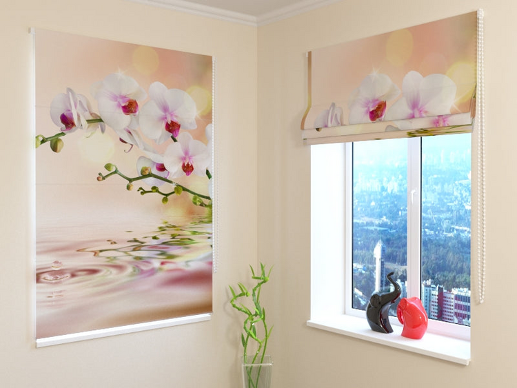 a window with a picture of a flower and a vase with a plant