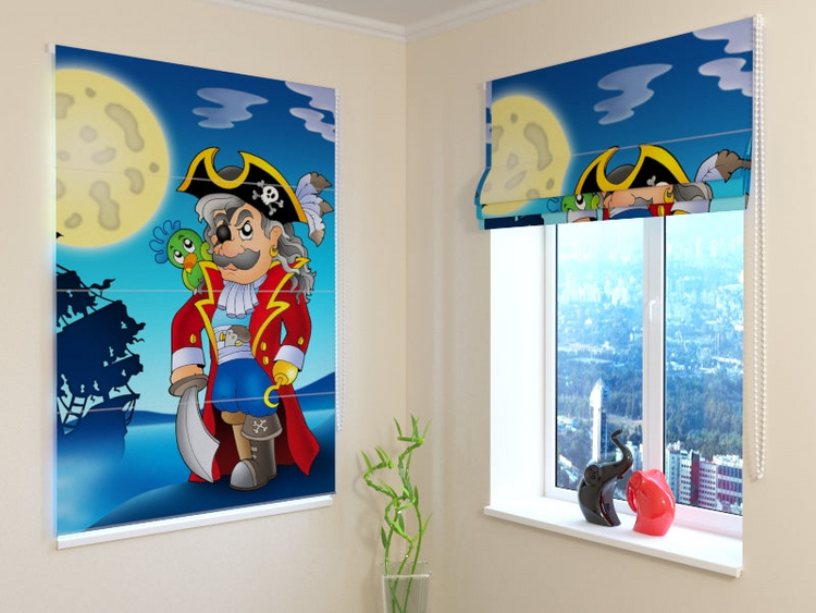 a room with a window and a picture of a pirate