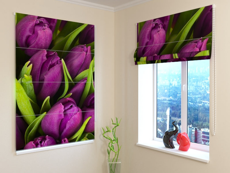a window with a picture of purple tulips