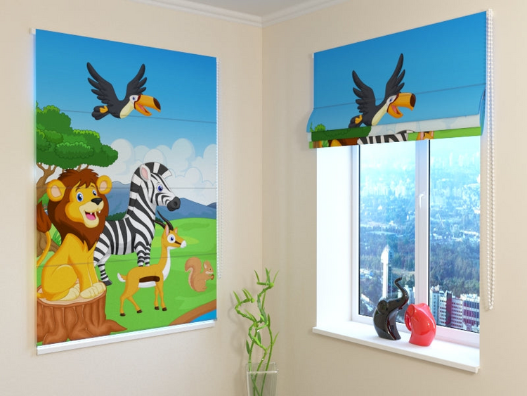 a window with a picture of animals and birds
