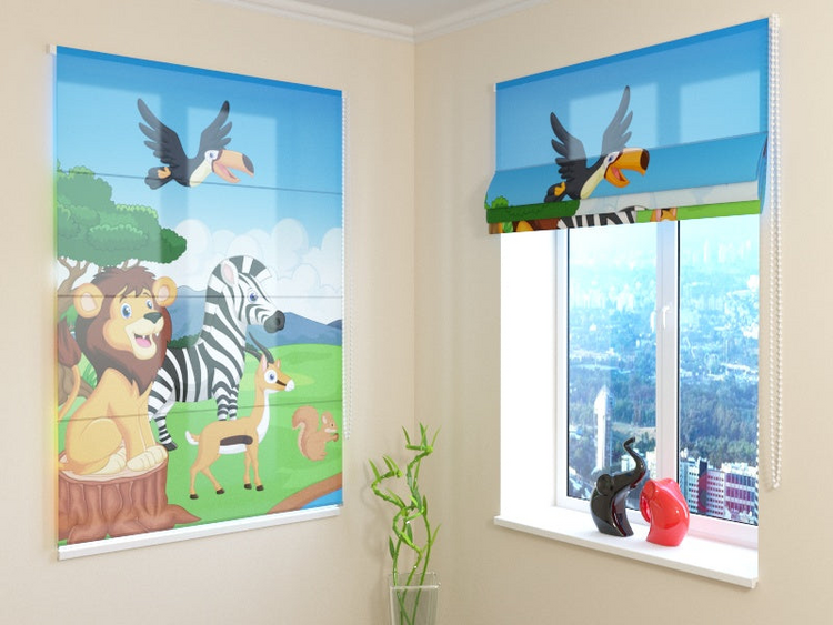 a room with a window and a picture of animals