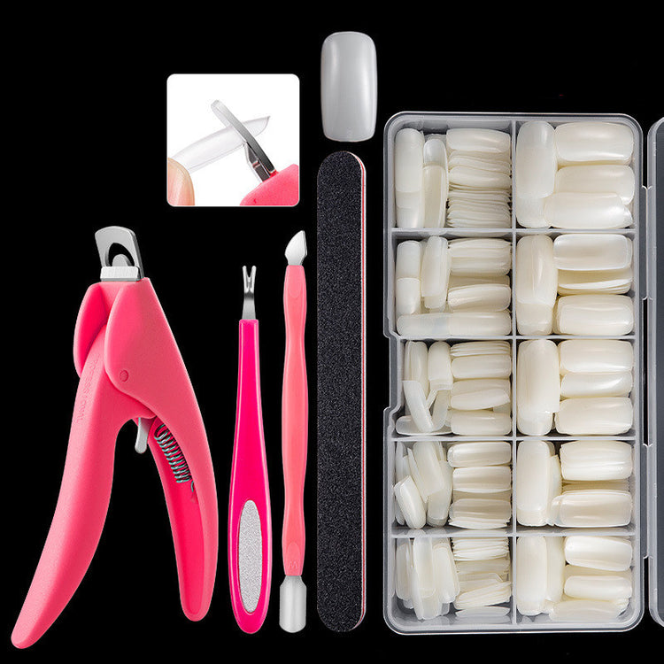 a pink nail clippers and a box of nail tips
