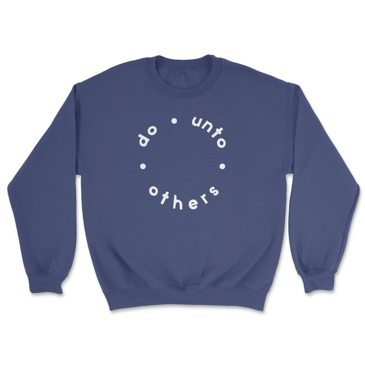 a blue sweatshirt with white text