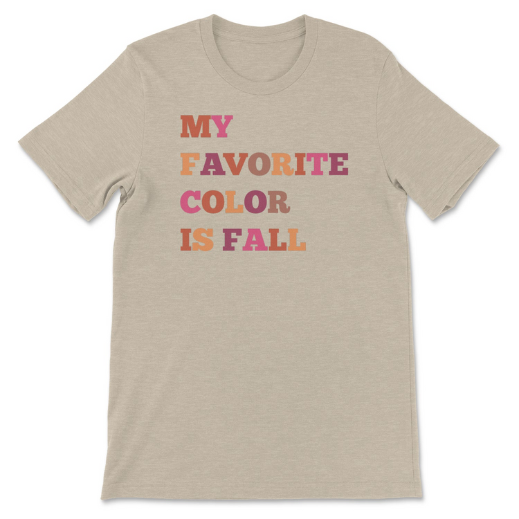 a tan t-shirt with colorful text