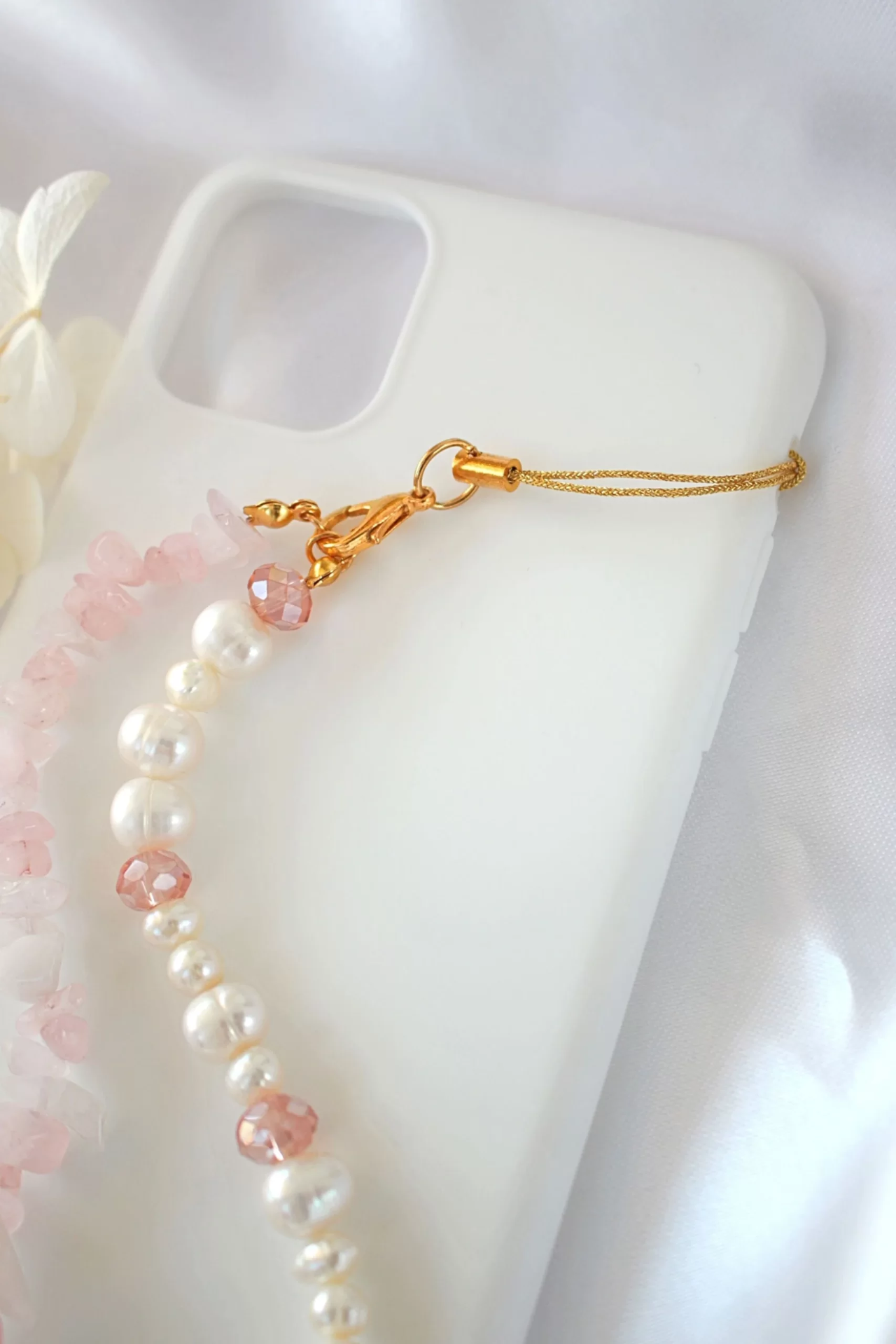 "Rose Babe" | Rose Quartz & Freshwater Pearls Duo Phone Lanyard