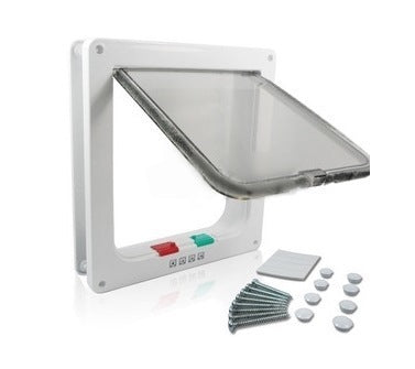 a small dog door with a plastic cover