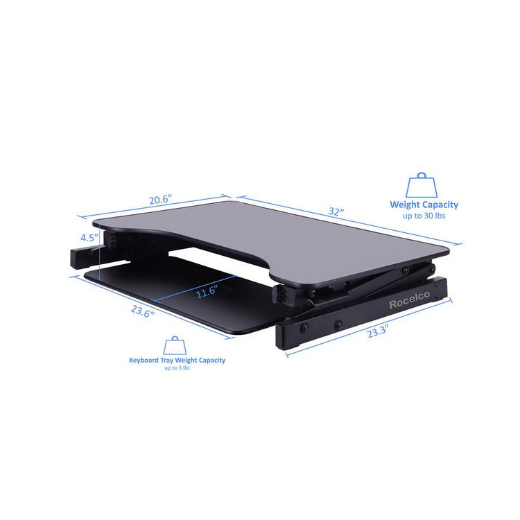 a black laptop stand with blue text