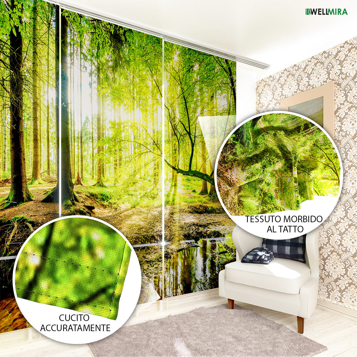 a room with a chair and a picture of trees